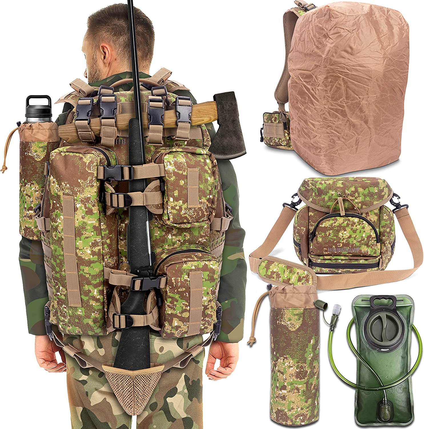 HBREQUIP Large Hunting Backpack for Bow & Rifle Hunting Gear and Equipment & Camo Backpack for Hiking & Outdoor Activities w/Weatherproof Cover,...