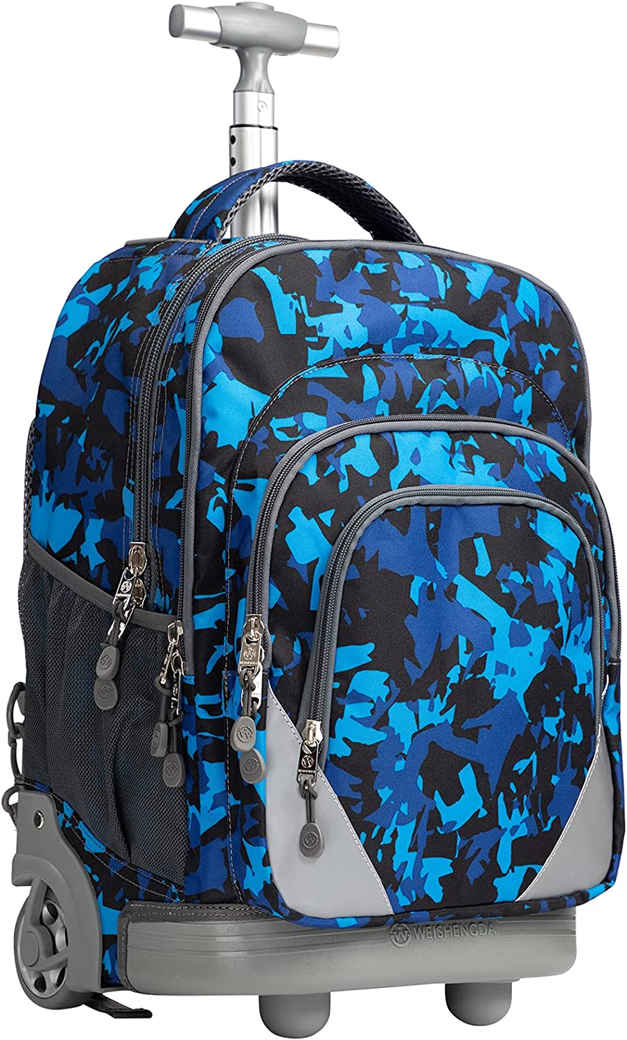 WEISHENGDA 18 inches Wheeled Rolling Backpack for Adults and School Students Short Trip Books Laptop Trolley Bags, Blue Camo